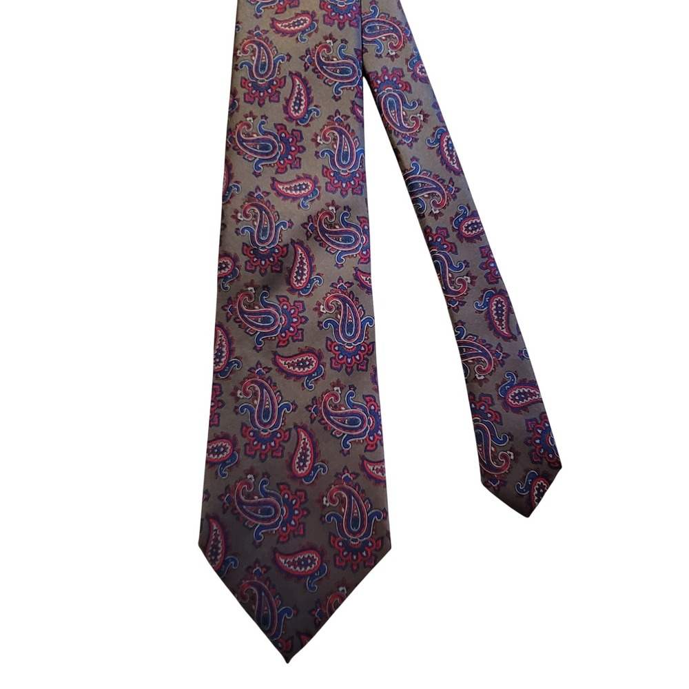 VTG Neil Martin Tie Mens OS Taupe Red Blue Paisley Silk Classic Necktie USA Made